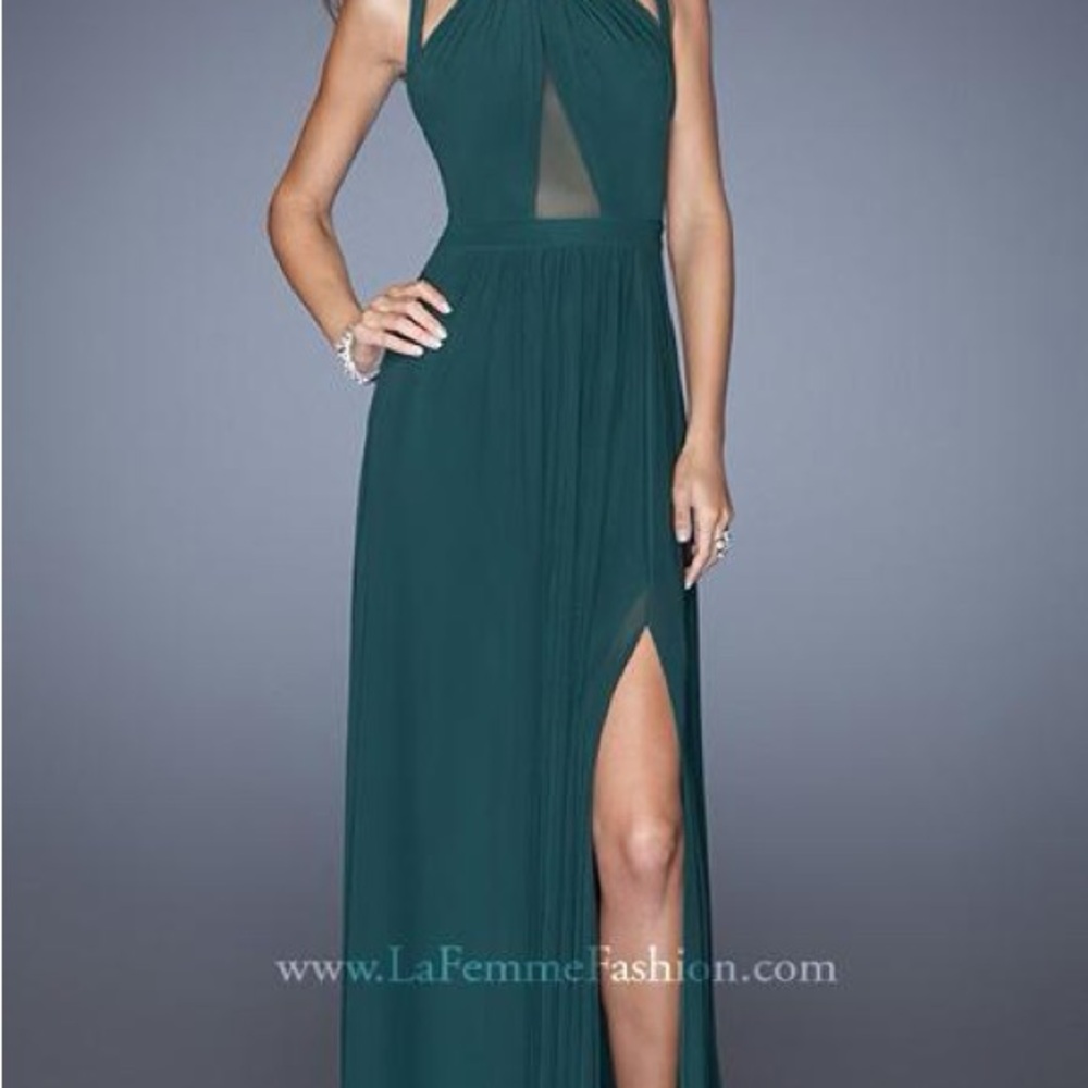 La Femme Teal Halter Maxi Dress